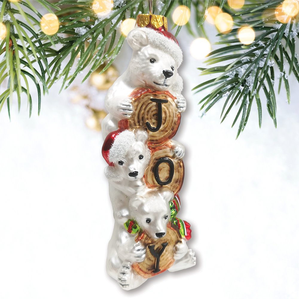 Joyful Polar Bear Trio Stacked Glass Christmas Ornament