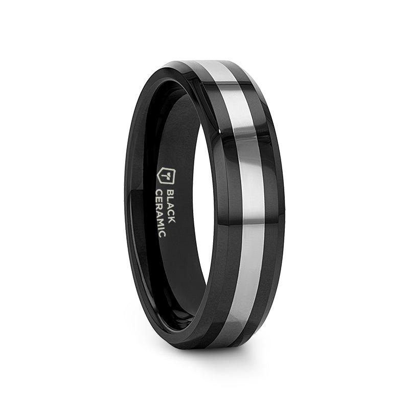 ASTADI Polished Black Beveled Ceramic Ring with Tungsten Inlay - 6mm & 8mm (Limited Stock)