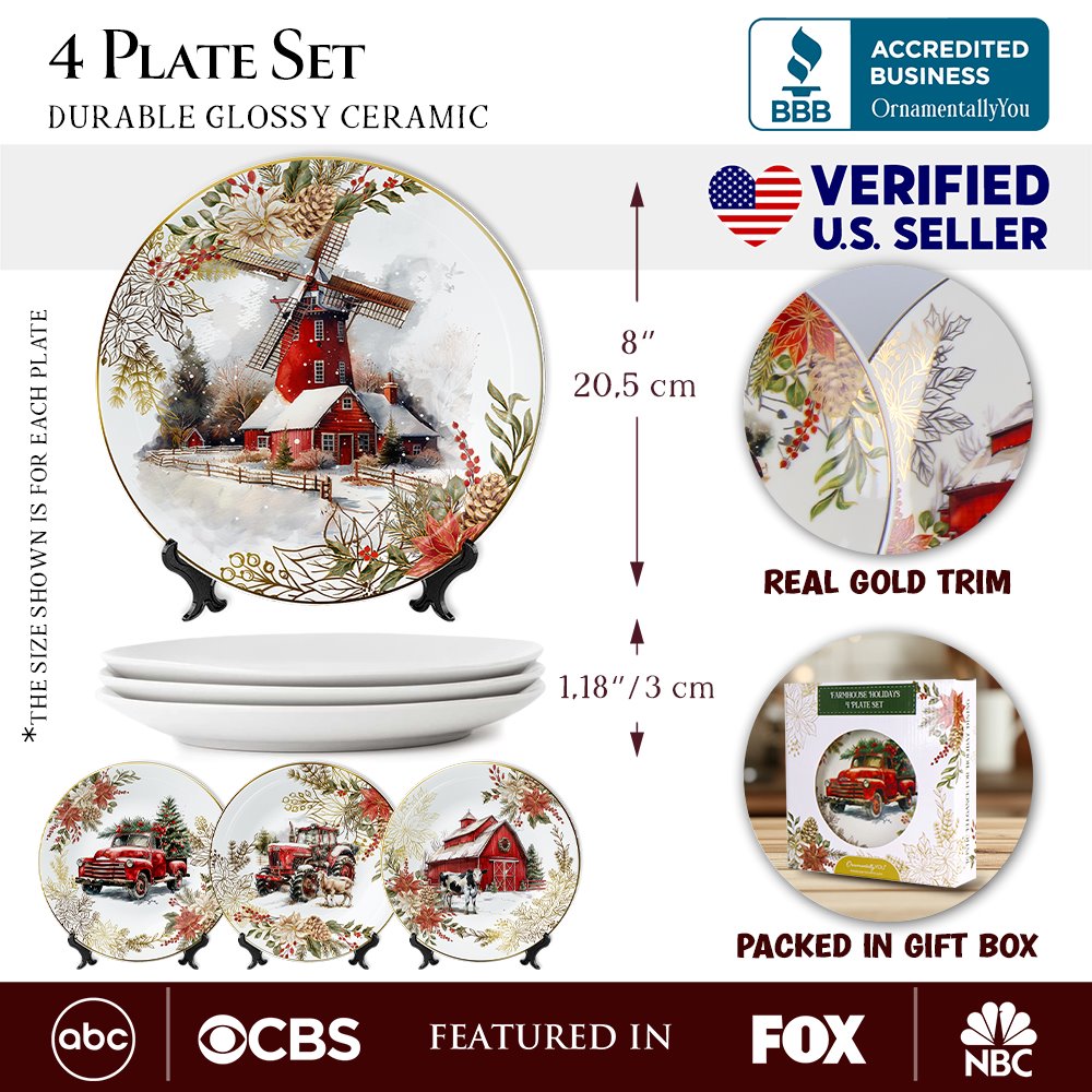 (Pre-Order) Farmhouse Christmas Set of 4 Plates with Real Gold Elements, Holiday Tableware Collection for Salad, Dessert, Appetizer, and Side Plates