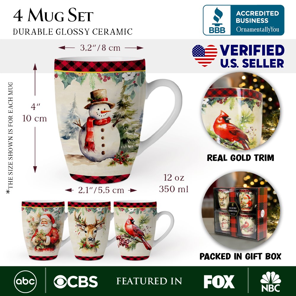 (Pre-Order) Festive Country Plaid Set of 4 Ceramic Mugs with Real Gold Trim, Christmas Kitchen Coffee Cup Gift with Santa, Cardinal, Deer, and Snowman