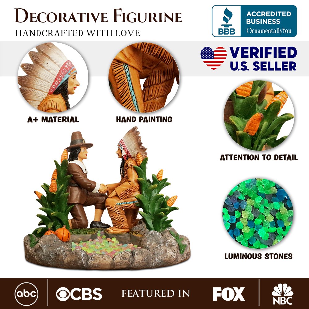 Harvest Harmony Kinship Between Native Americans and Pilgrims Figurine, 6" Fall Decor and Thanksgiving Statue