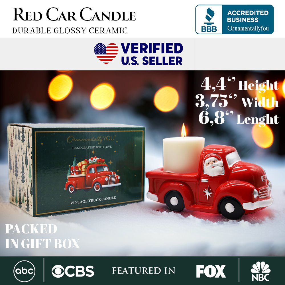 Red Truck with Santa Christmas Candle, Ceramic and Scented with an Invigorating Lemon Basil Fragrance