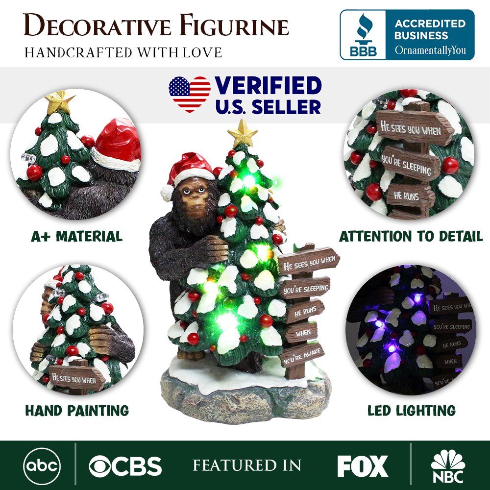 Whimsical Bigfoot Behind Christmas Tree Figurine, 7.5" Funny Holiday Yeti LED Statue, He Sees You When You're Sleeping