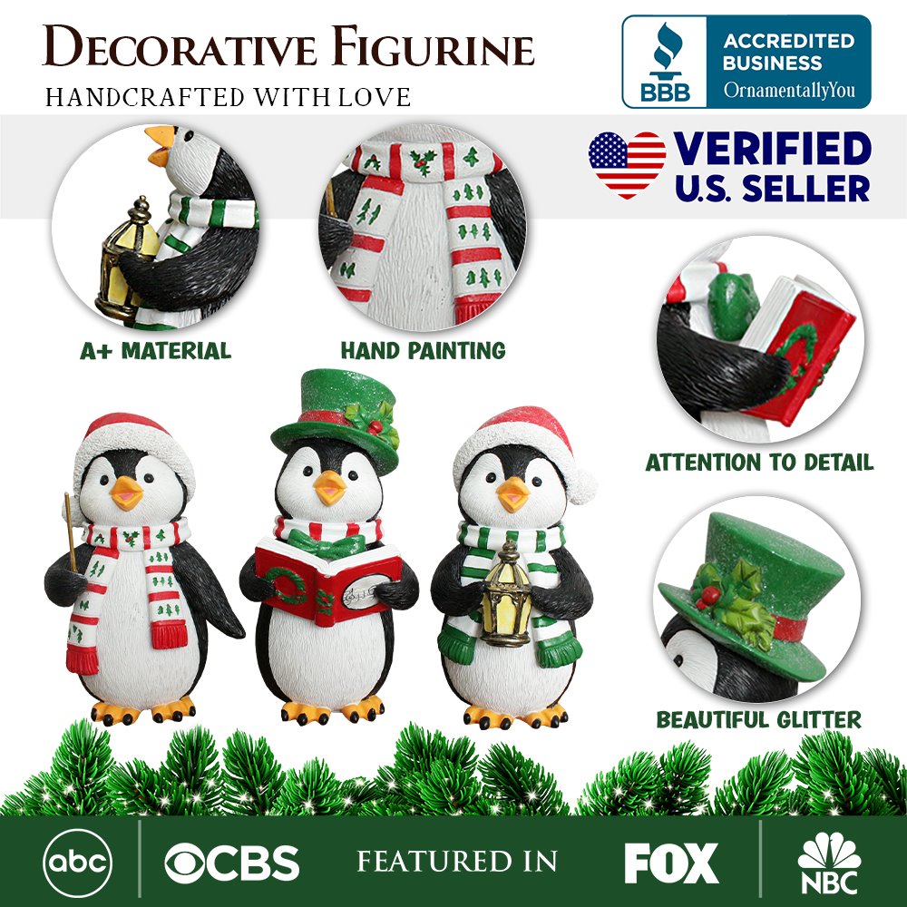 Caroling Penguin Trio Set of Christmas Figurines, 6" Winter Holiday Statue Set of Three