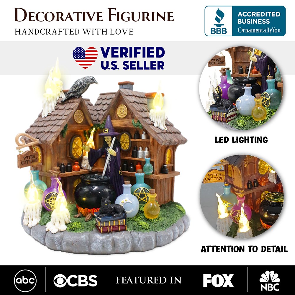 Enchanted Witch Cottage Lighted Figurine, 10" LED Halloween Decor Statue with Cauldrons and Ravens