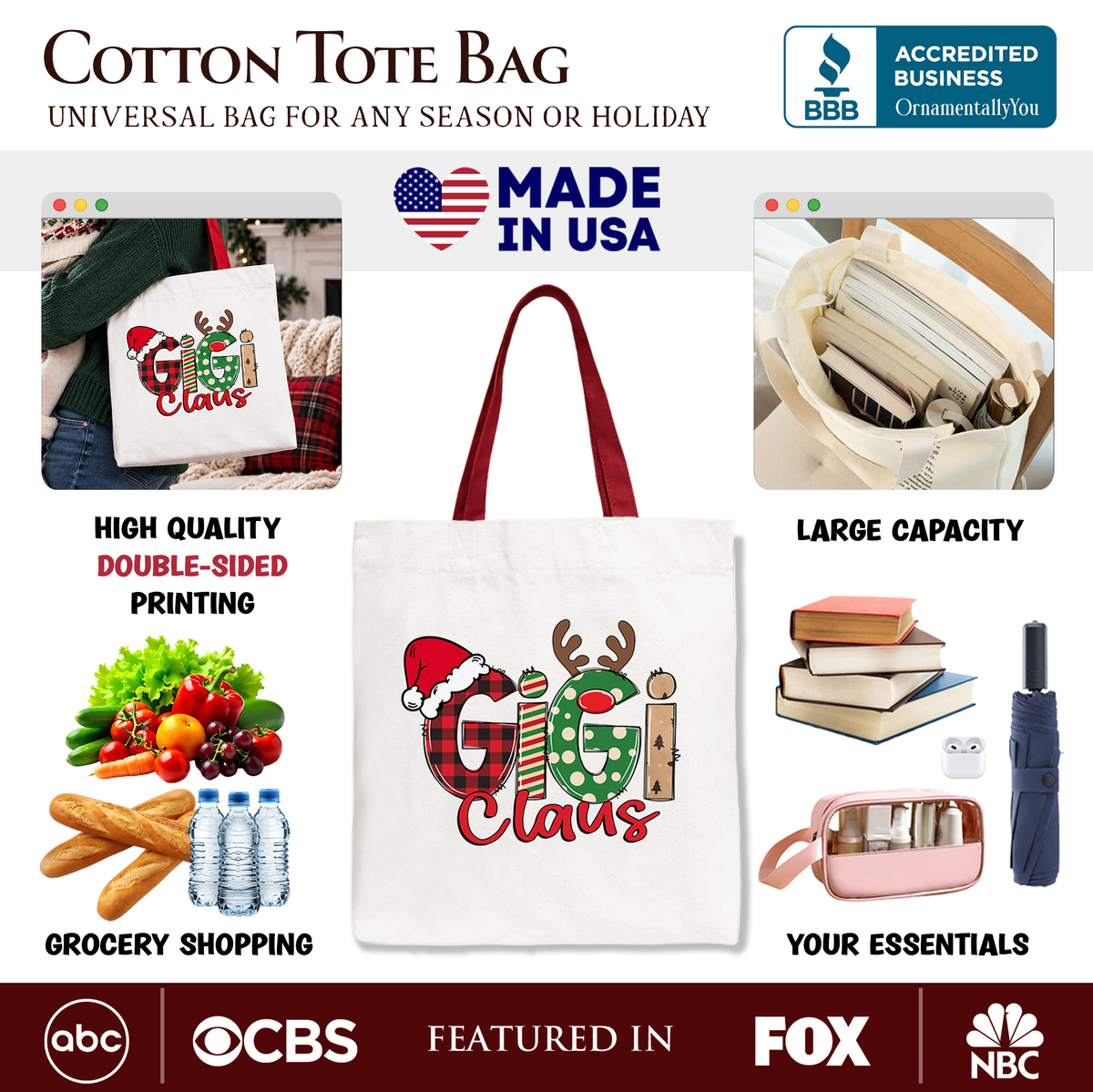 Gigi Claus Retro Christmas Tote Bag, Matching Family Holiday Gift Shopper