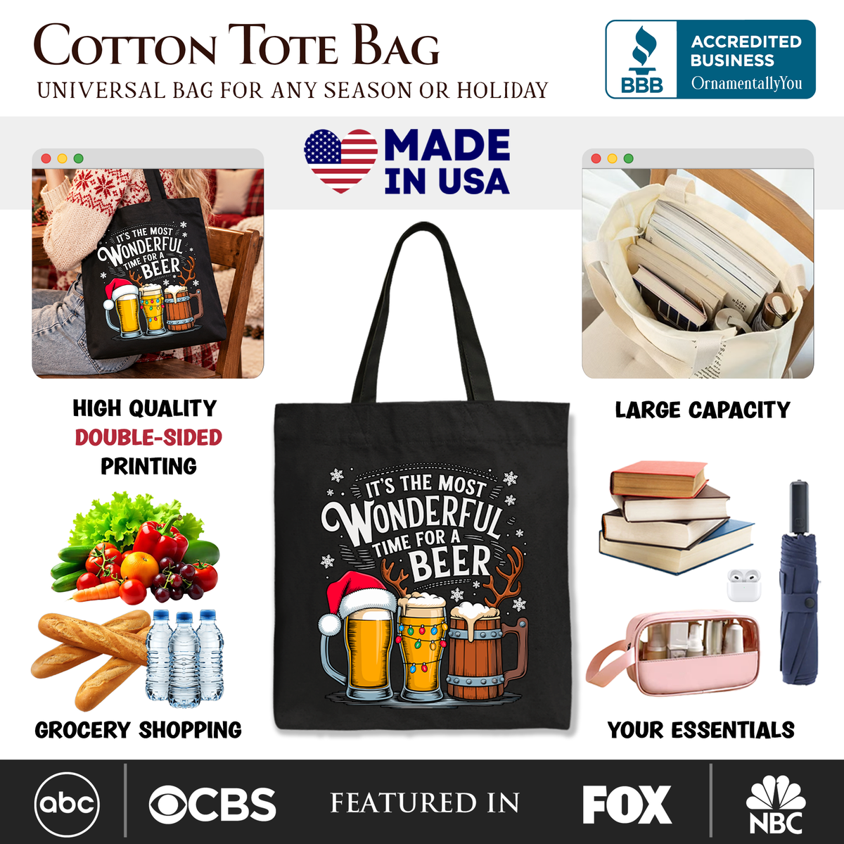 It's The Most Wonderful Time For a Beer Tote Bag, Funny Holiday Beer Christmas Gift Shopper for Festive Drinkers
