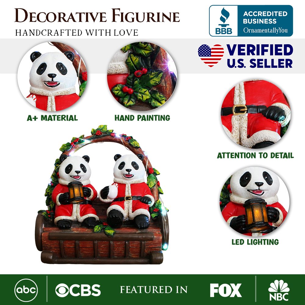 Nostalgic Panda Duo Festive Lighted Figurine, 6" LED Christmas Bear Statue