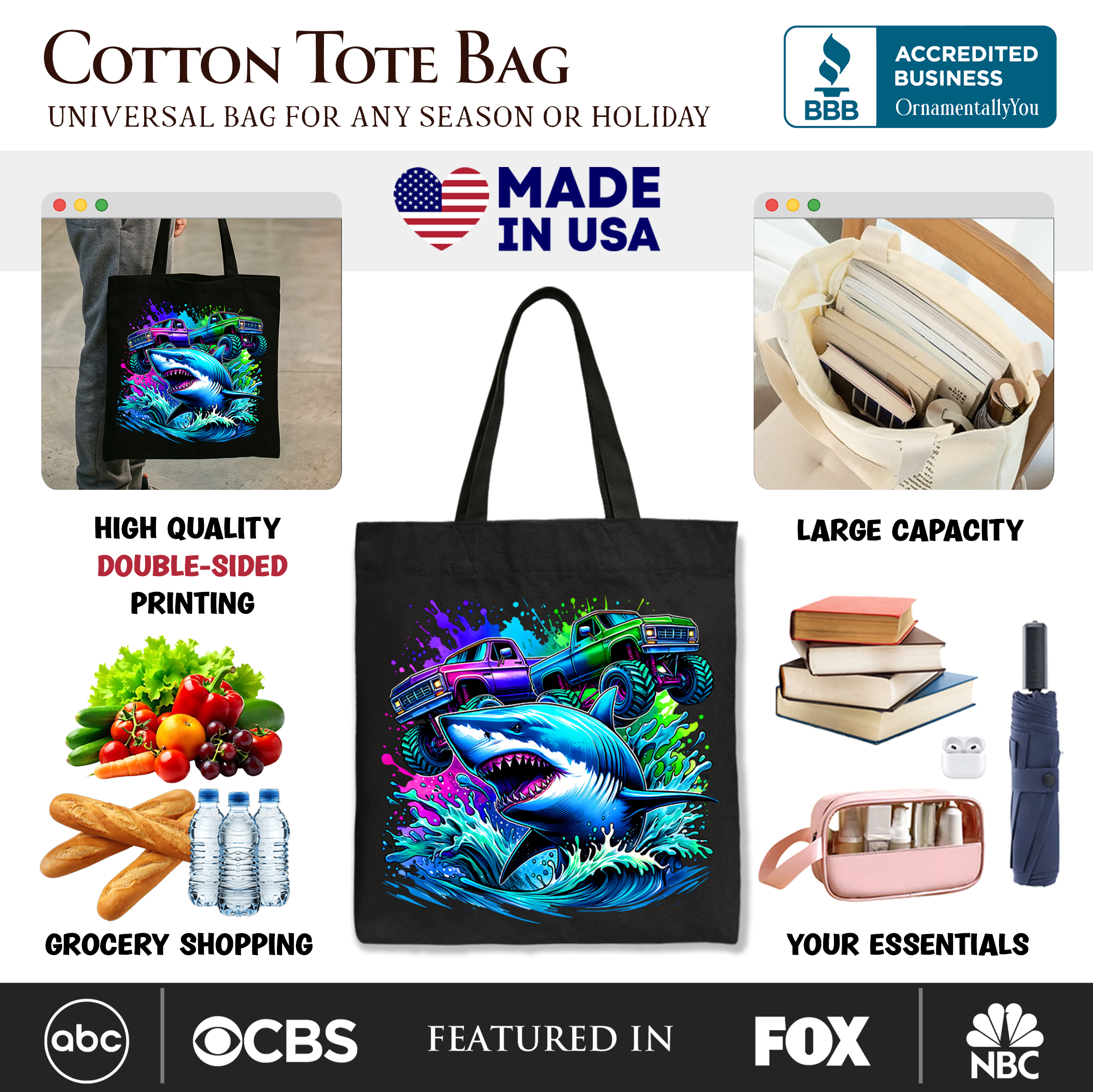 Trucks Shark Kids Tote Bag, Cool Ocean Animal for Youth Boys