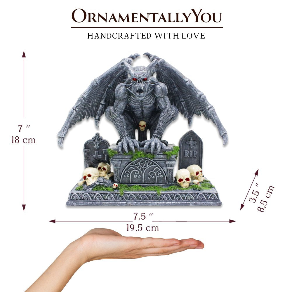 Grave Guardian Gargoyle Figurine, 7" Solar Powered Gothic Halloween Garden Statue