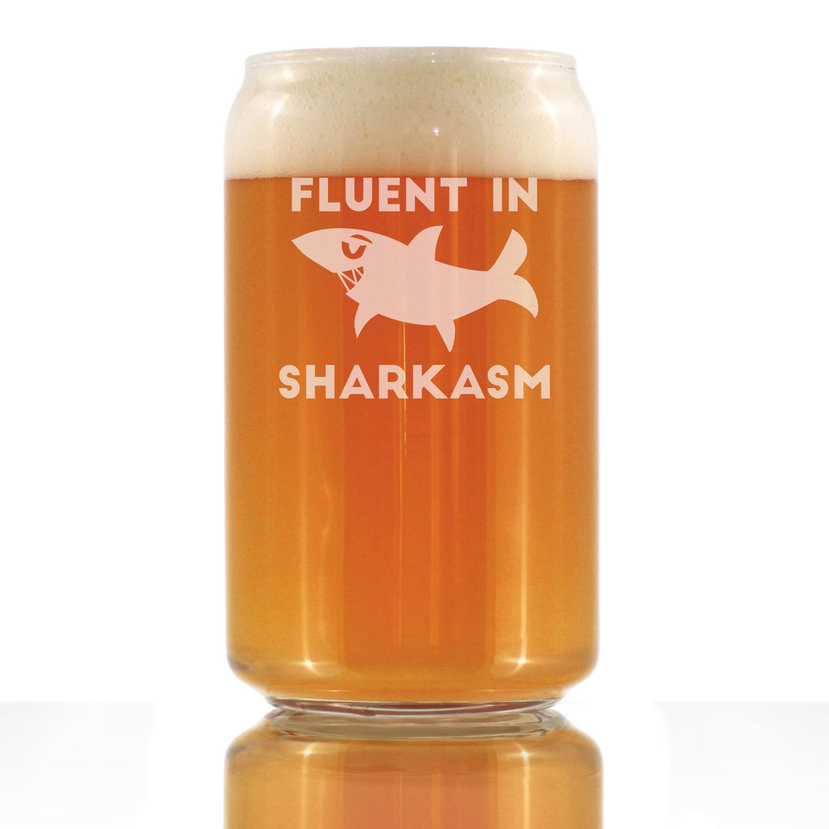 Fluent in Sharkasm - Funny Shark Beer Can Pint Glass Gifts for Men & Women - Fun Unique Sharks Decor