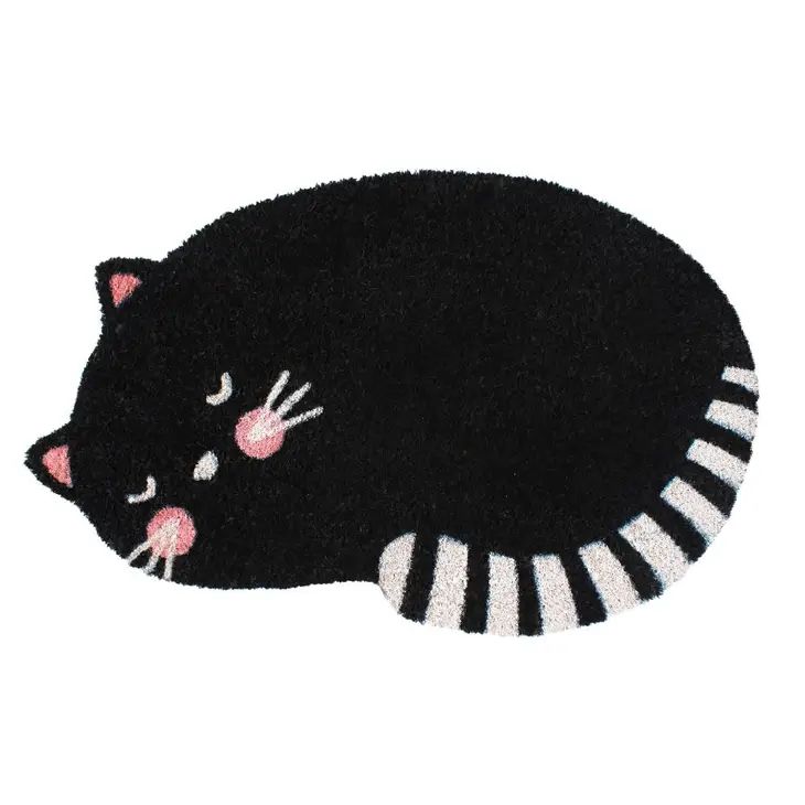 Black Cat Doormat in Natural Coir | Non-Slip Backing 18" X 28"