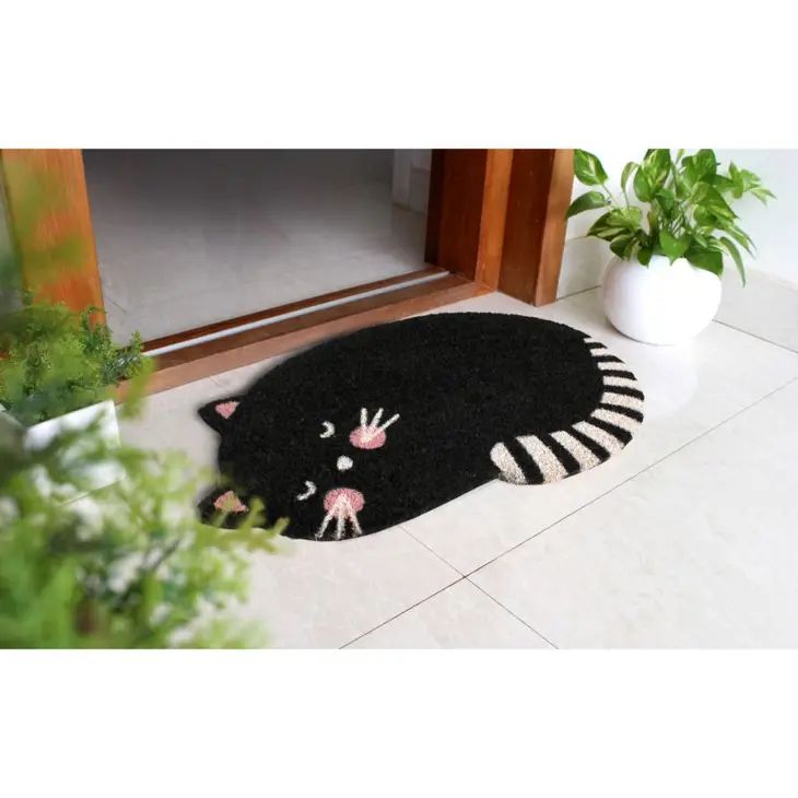 Black Cat Doormat in Natural Coir | Non-Slip Backing 18" X 28"