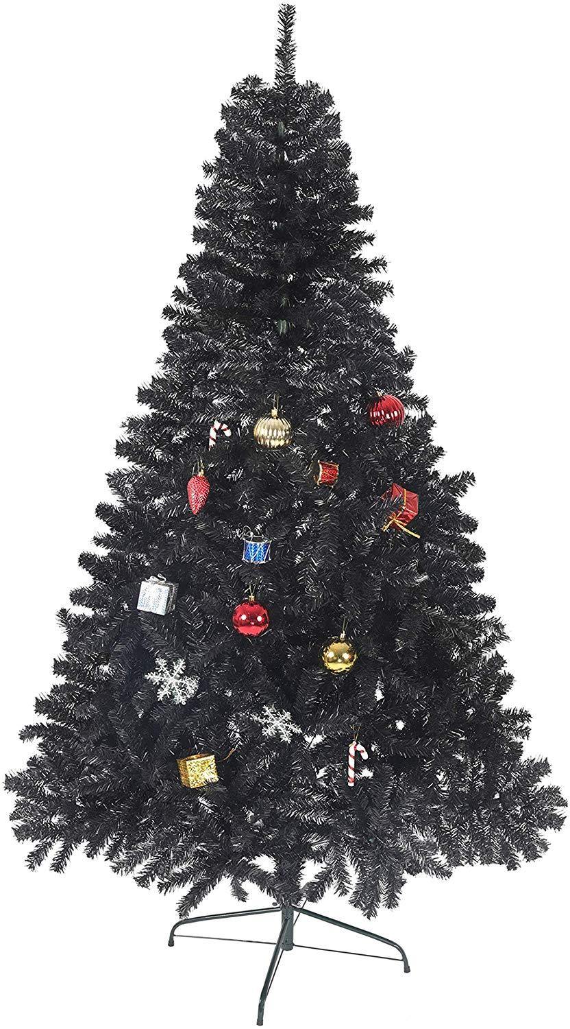 7' Black Christmas Tree Halloween Tree Artificial Pine Tree Holiday Decoration with Xmas Tree Ornaments w/ 1000 Branch Tips