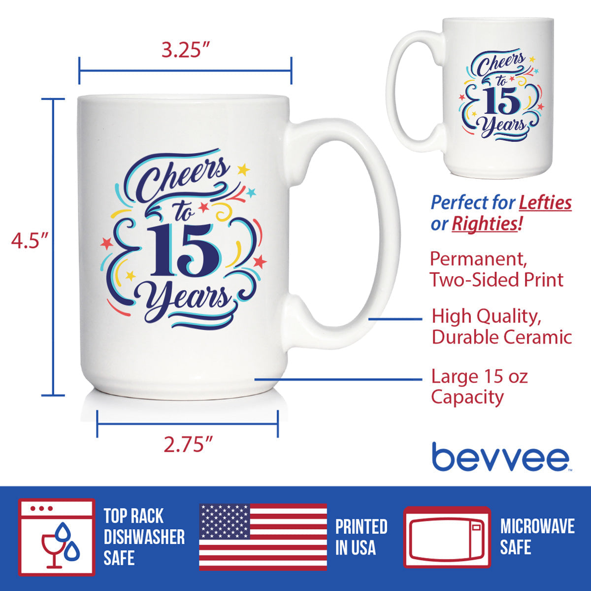 Cheers to 15 Years - Coffee Mug Gifts for Women & Men - 15th