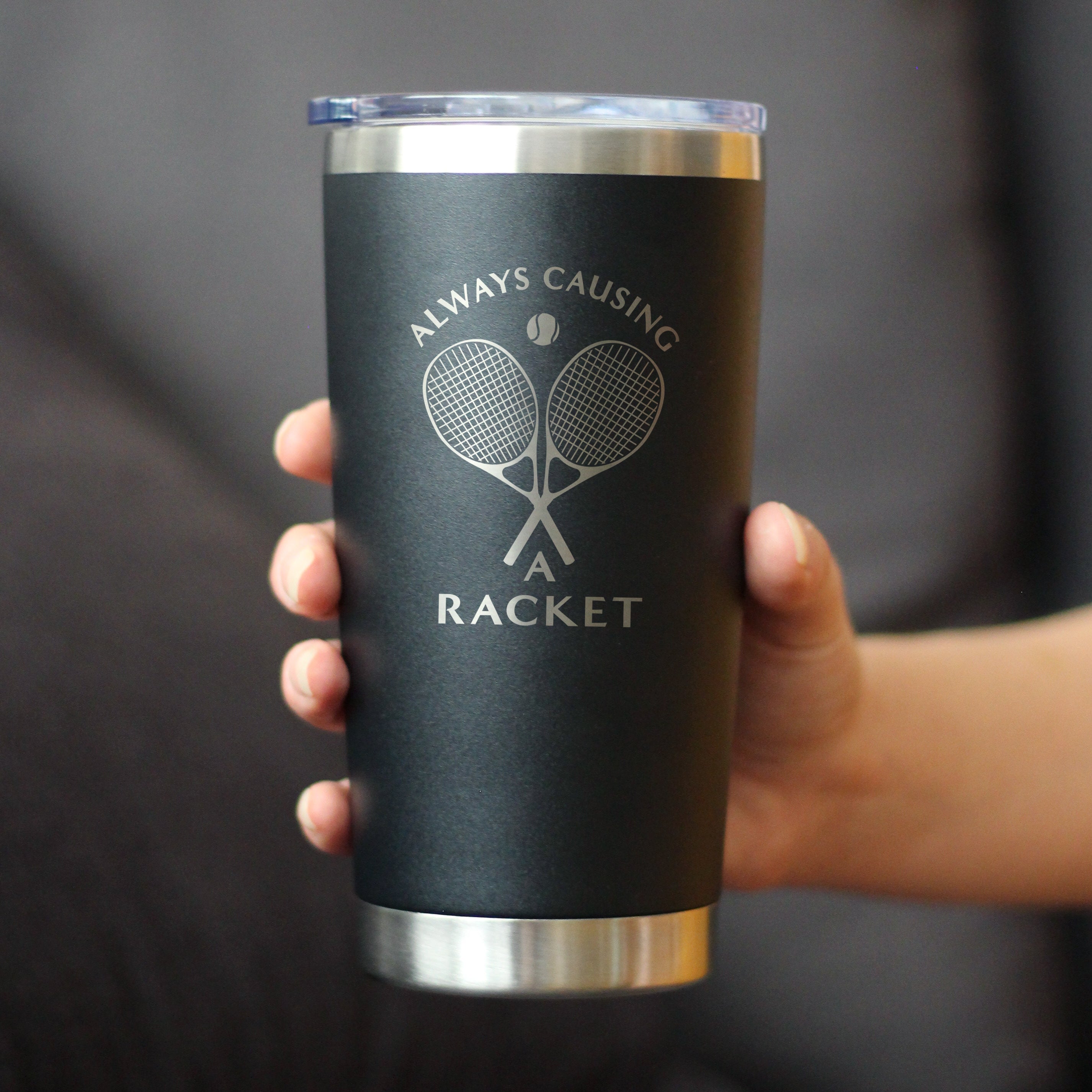 Causing A Racket - Insulated Coffee Tumbler Cup with Sliding Lid - Stainless Steel Insulated Mug - Funny Tennis Themed Gifts for Men & Women