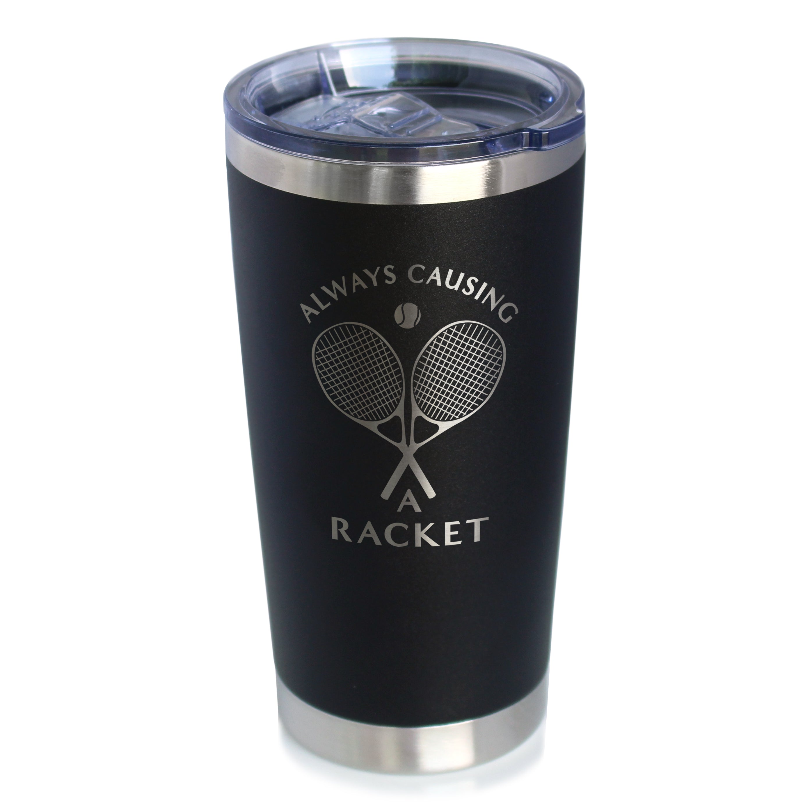 Causing A Racket - Insulated Coffee Tumbler Cup with Sliding Lid - Stainless Steel Insulated Mug - Funny Tennis Themed Gifts for Men & Women