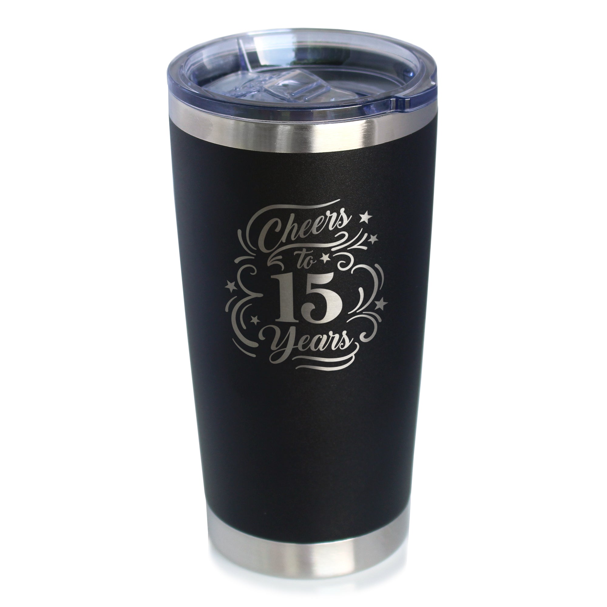 Cheers to 15 Years - Insulated Coffee Tumbler Cup with Sliding Lid - Stainless Steel Insulated Mug - 15th Anniversary Gifts and Party Decor