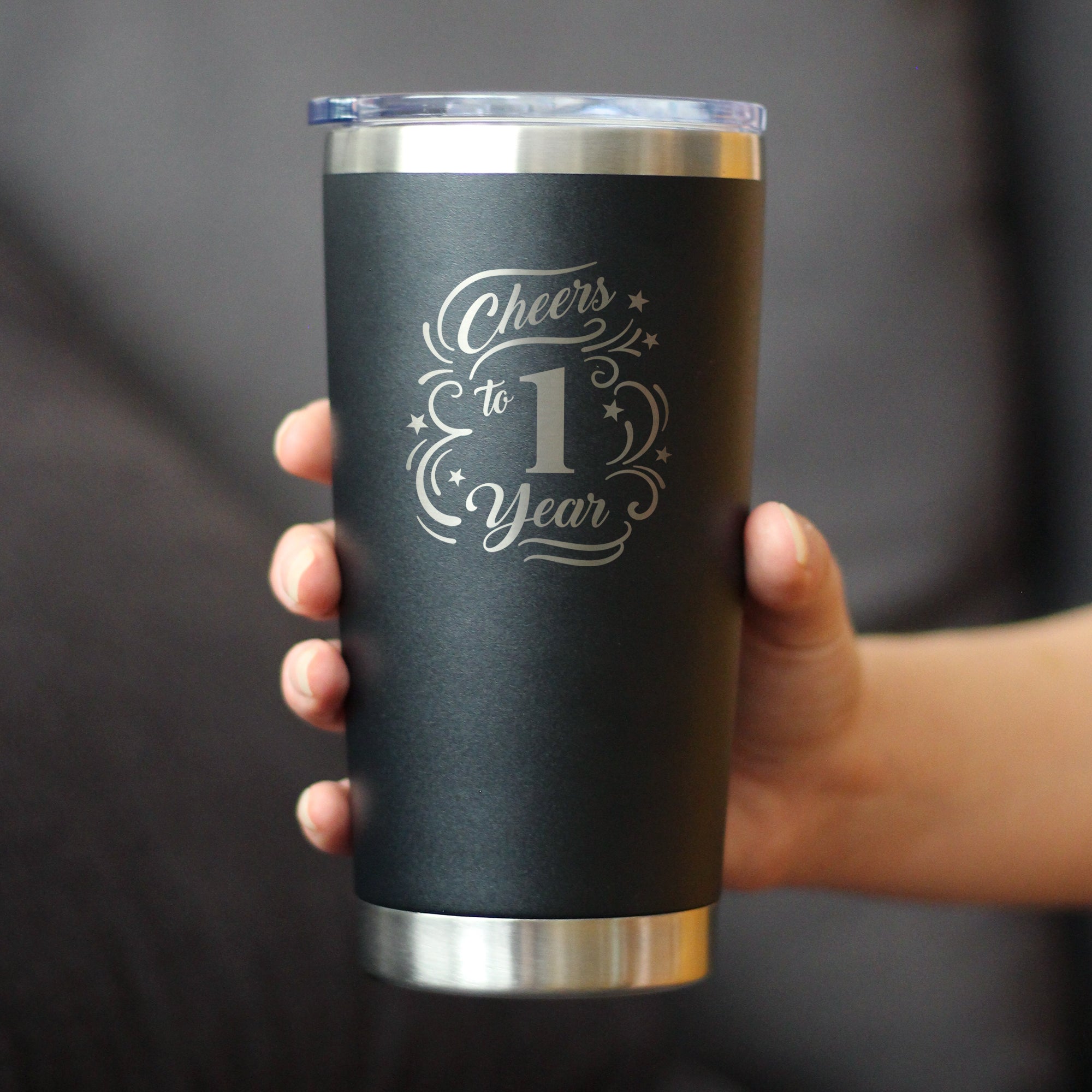 Cheers to 1 Year - Insulated Coffee Tumbler Cup with Sliding Lid - Stainless Steel Insulated Mug - 1st Anniversary Gifts and Party Decor