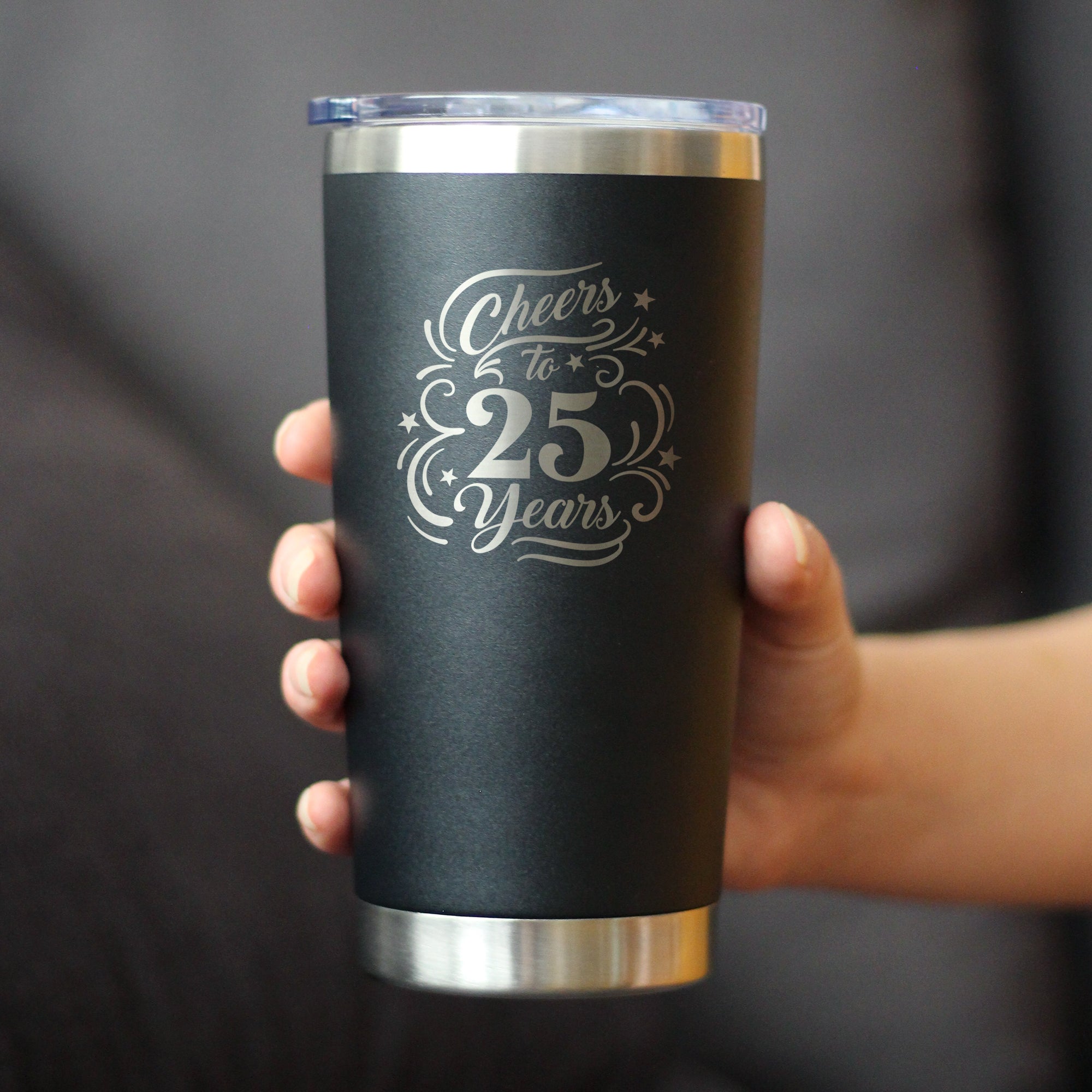 Cheers to 25 Years - Insulated Coffee Tumbler Cup with Sliding Lid - Stainless Steel Insulated Mug - 25th Anniversary Gifts and Party Decor