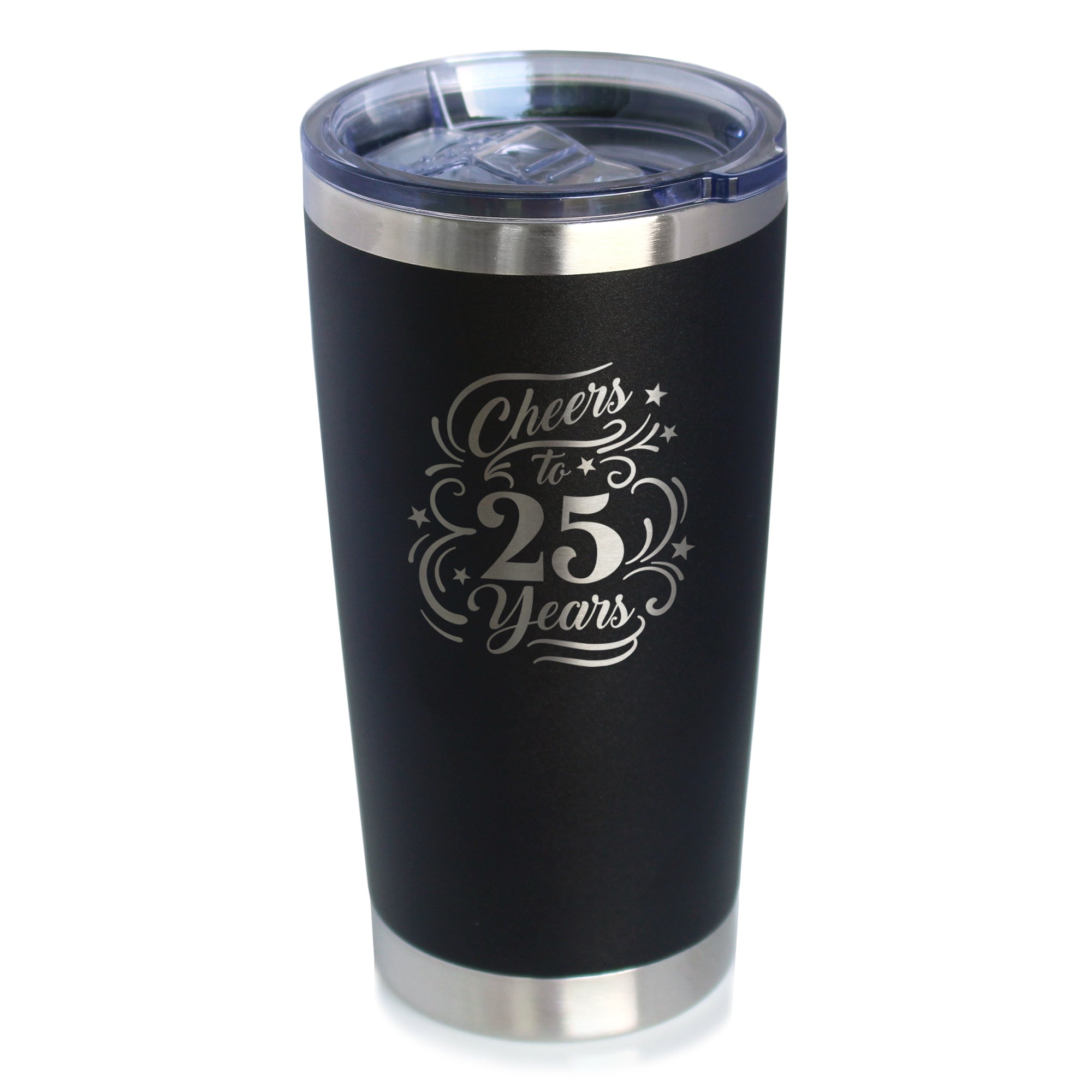 Cheers to 25 Years - Insulated Coffee Tumbler Cup with Sliding Lid - Stainless Steel Insulated Mug - 25th Anniversary Gifts and Party Decor