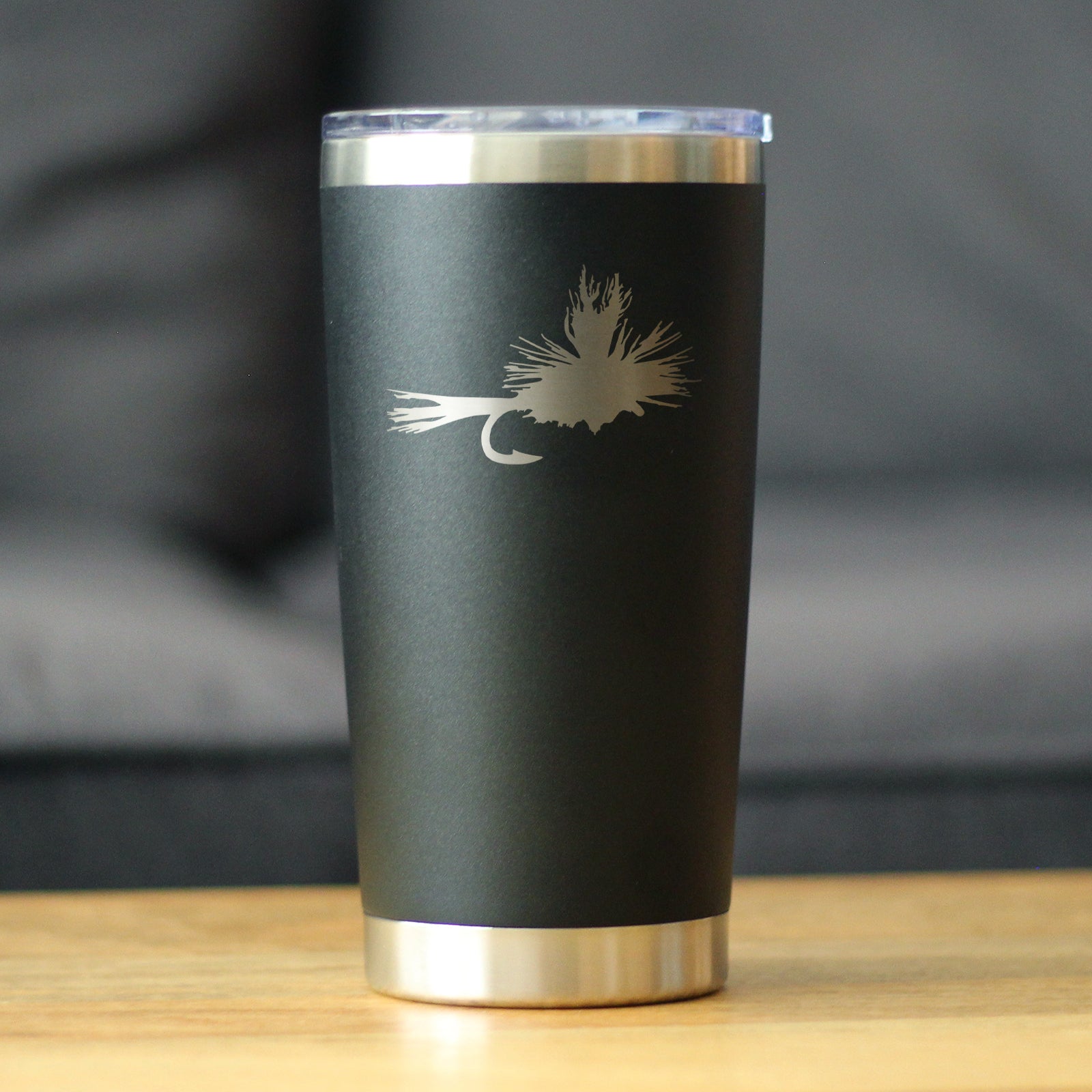 Fishing Fly - Insulated Coffee Tumbler Cup with Sliding Lid - Stainless Steel Mug - Unique Flyfishing Gifts for Fishermen