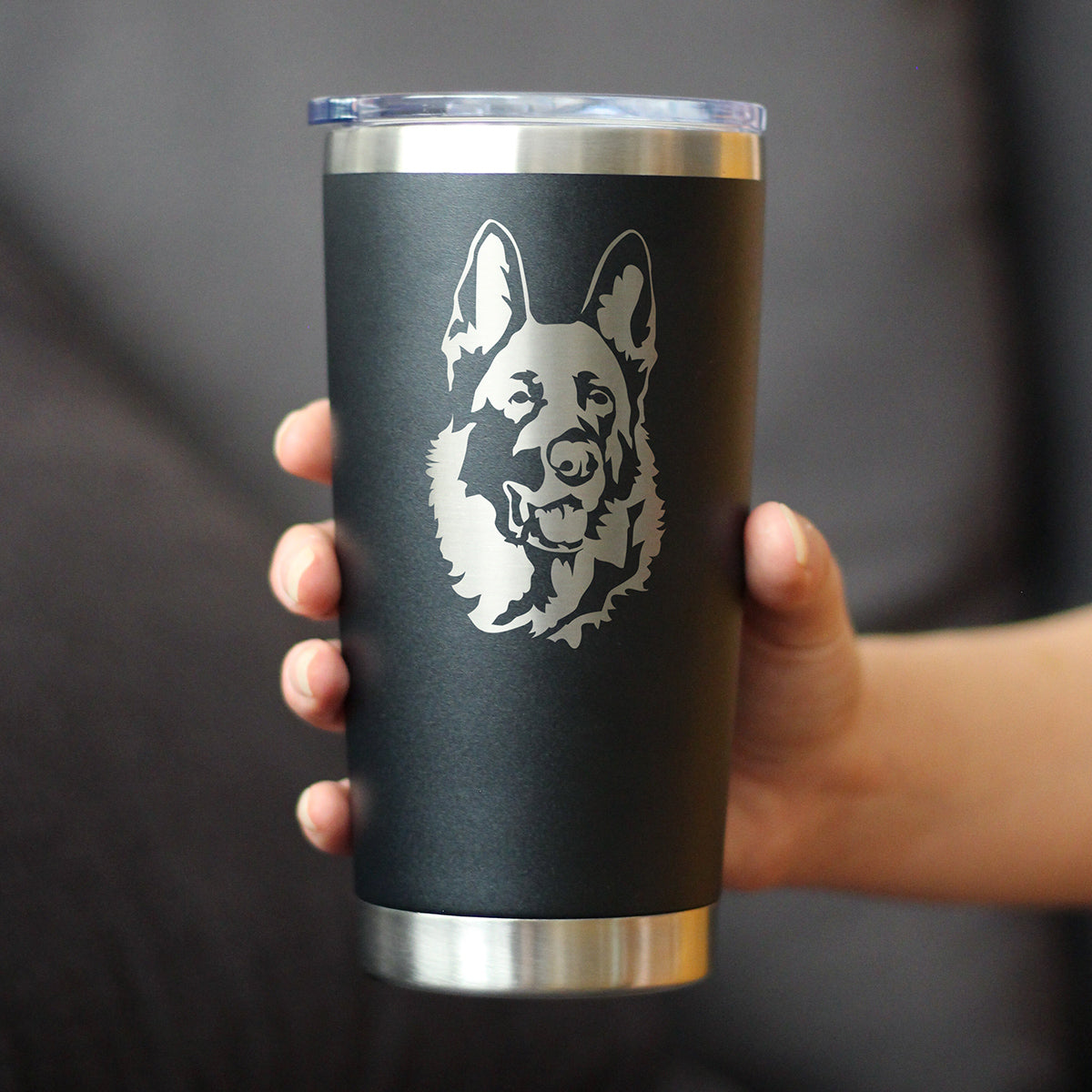 German Shepherd Happy Face - Insulated Coffee Tumbler Cup with Sliding Lid - Stainless Steel Insulated Mug - Fun Unique German Shepherd Themed Décor and Gifts for Men & Women