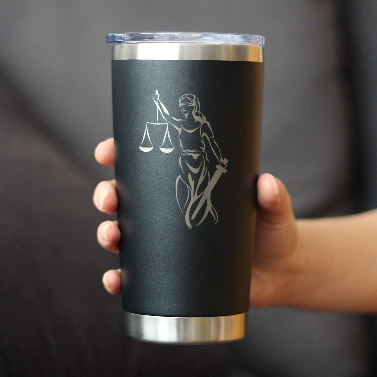 Lady Justice - Insulated Coffee Tumbler Cup with Sliding Lid - Stainless Steel Travel Mug - Unique Lawyer Gifts for Women and Men