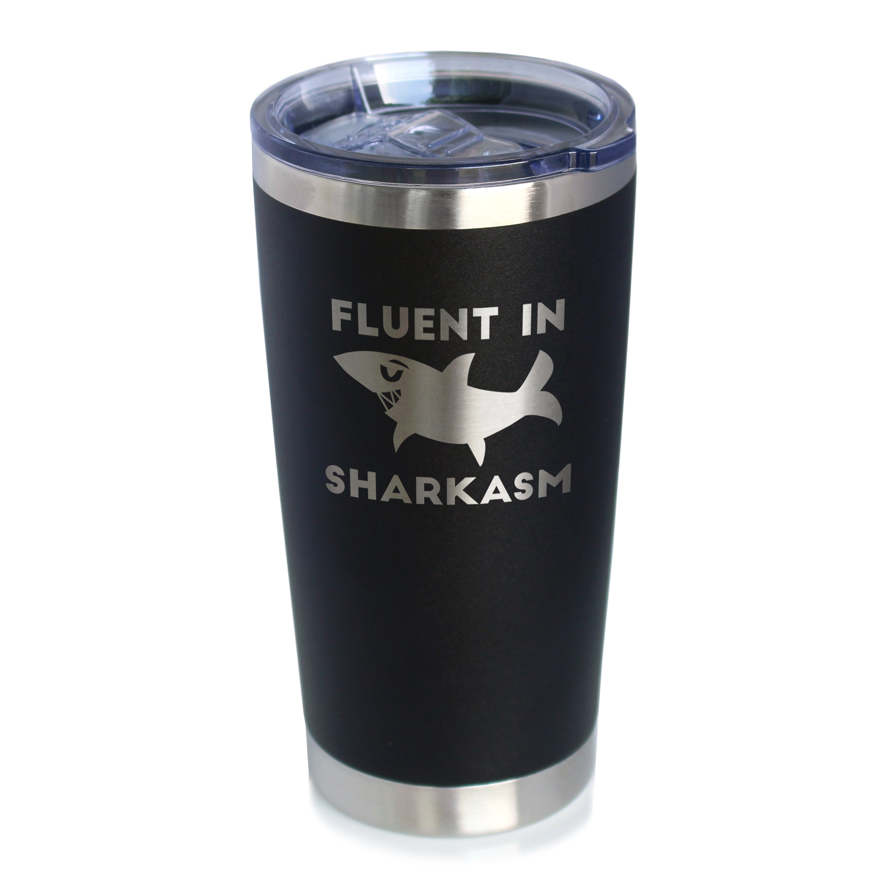 Fluent in Sharkasm - Shark Insulated Coffee Tumbler Cup with Sliding Lid - Stainless Steel Insulated Mug - Funny Cute Shark Decor Gifts