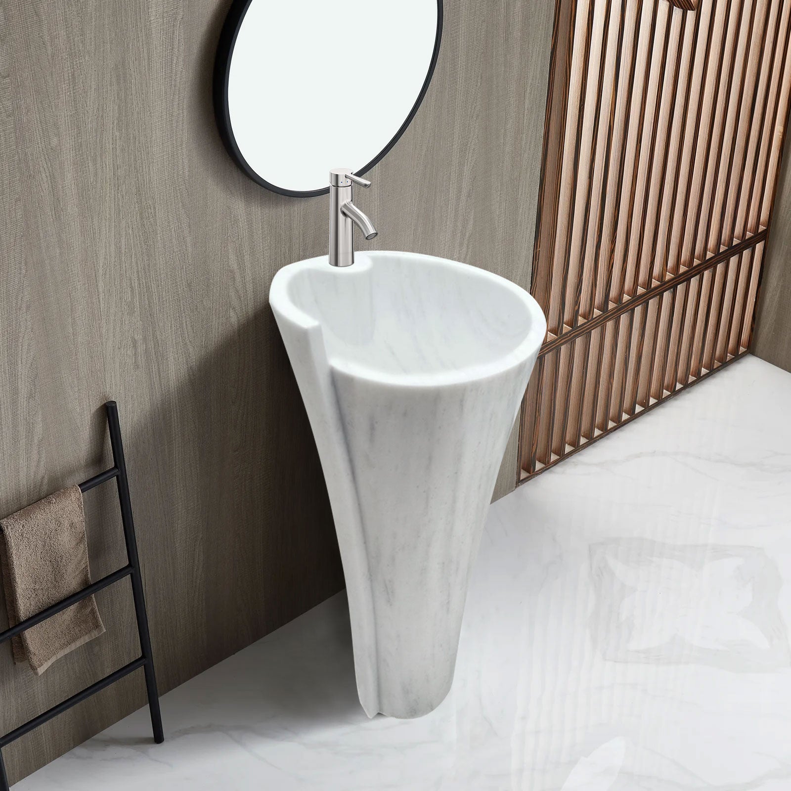 Carrara White Marble Stand-alone Designer Pedestal Bathroom Sink (W)16.5" (L)16.5" (H)36"