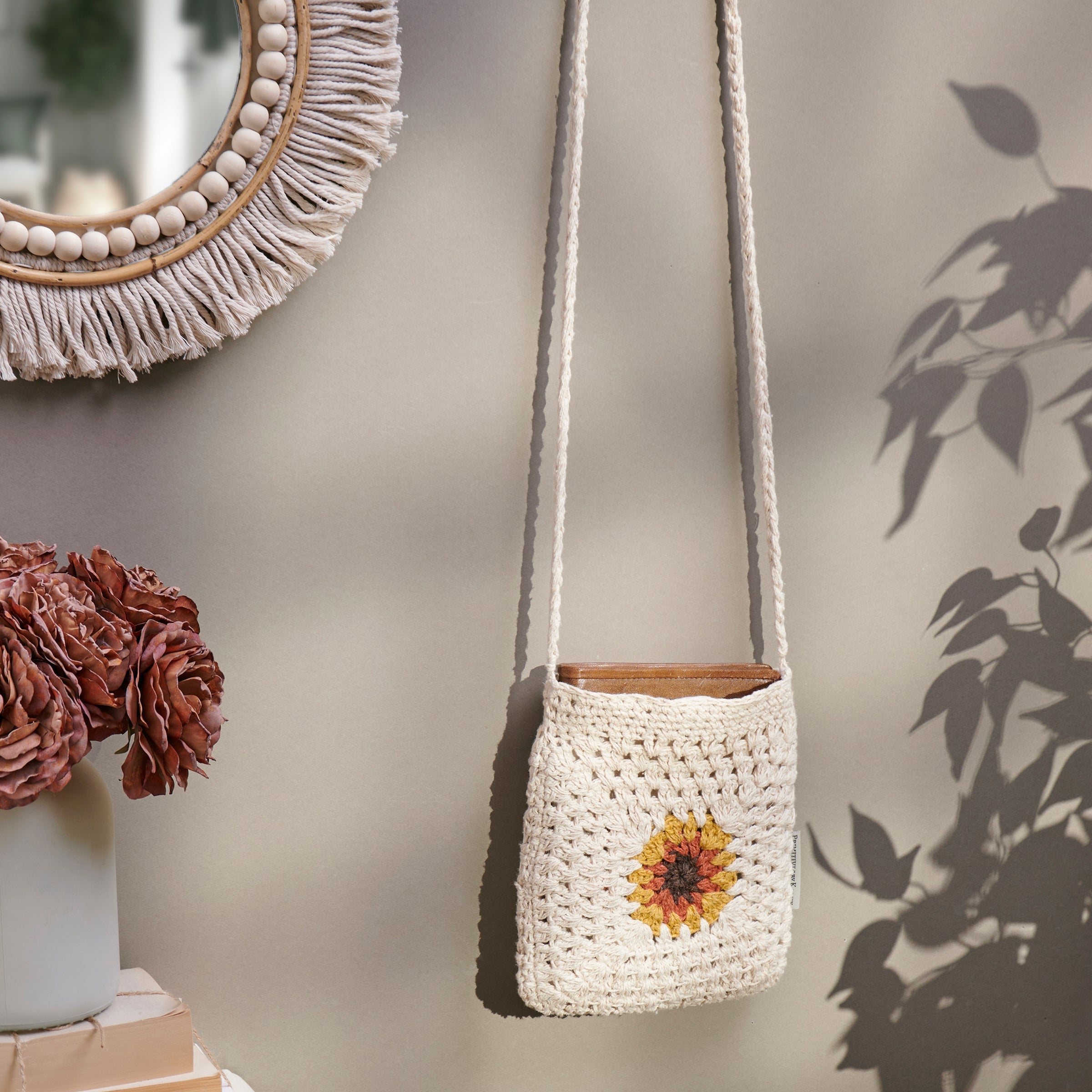 Crochet Sunflower Crossbody Bag | Shoulder Sling Handbag | 8" x 8"