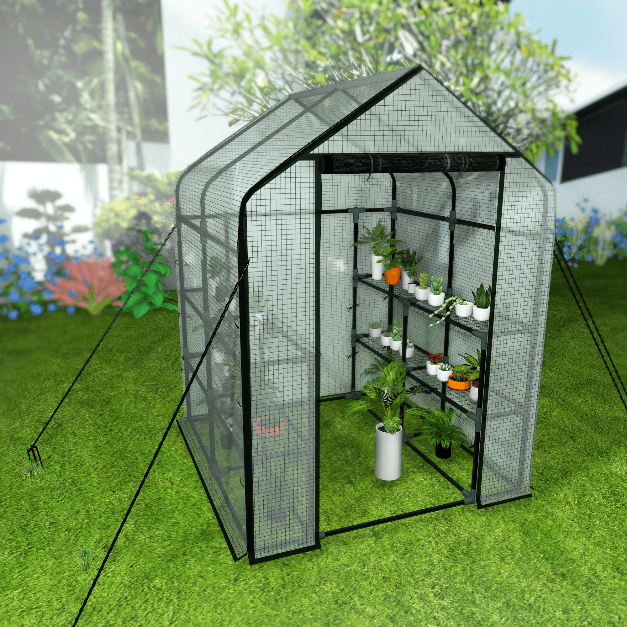 8 Shelves 3 Tiers Walk-in Greenhouse 56.3"L x 56.3"W x 76.8"H Portable Walk In Outdoor Planter House w/ Pegs Ropes