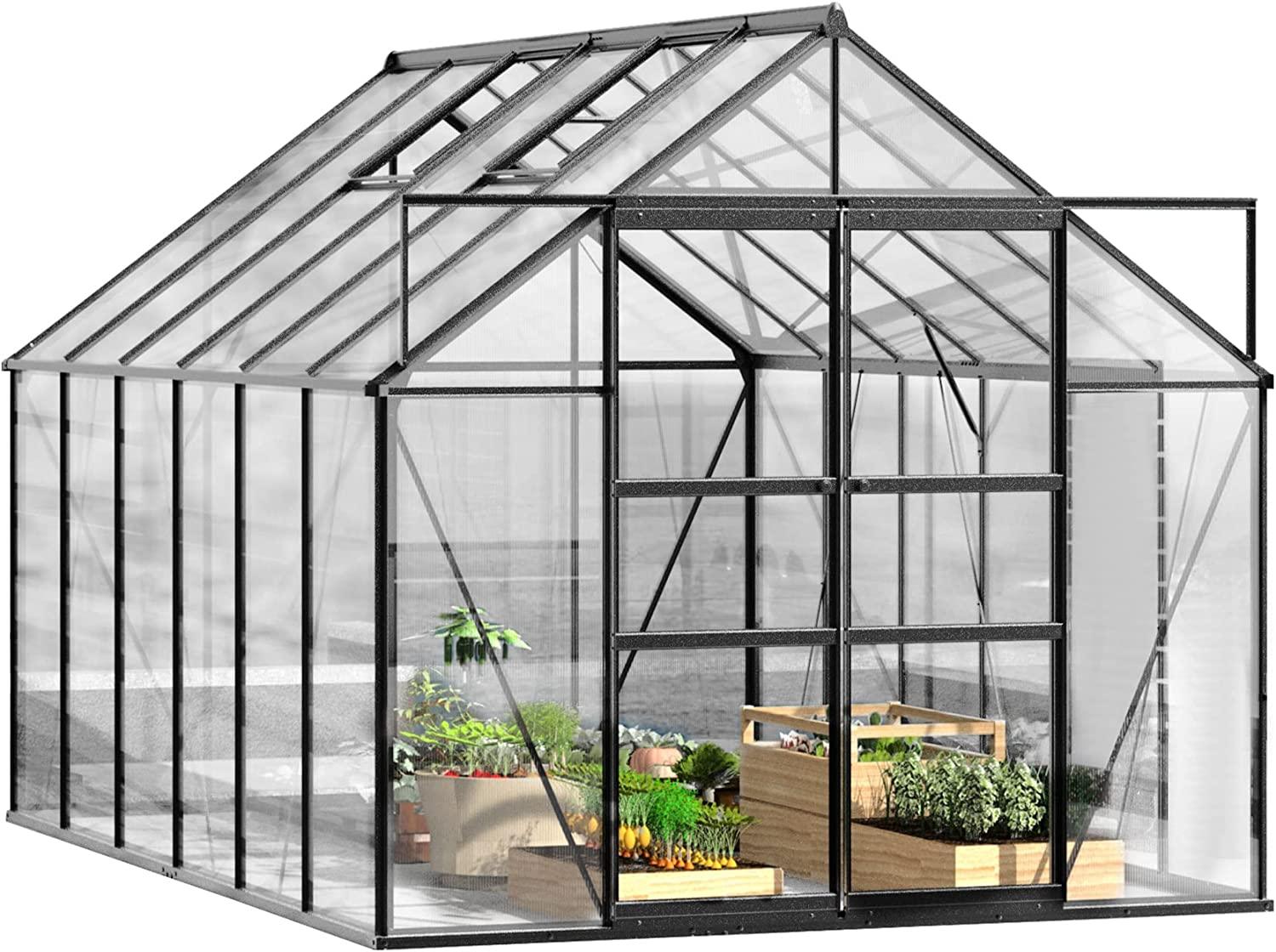 8'x12' Polycarbonate Greenhouse 2 Sliding Doors 2 Vents Window Walk-in Greenhouse for Outdoor