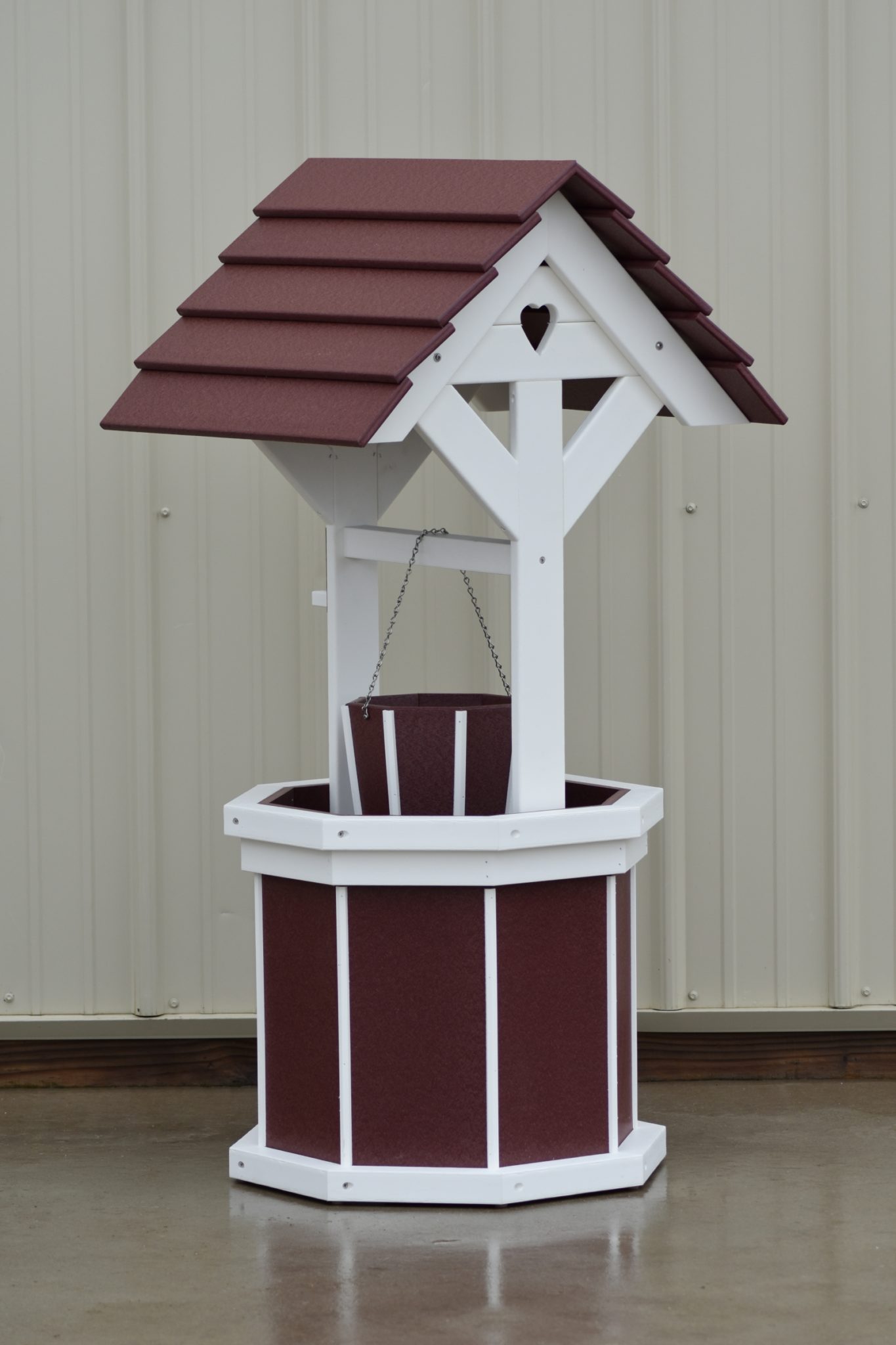 4 ft. Poly Wishing Well with Planter Bucket, Cherry and White