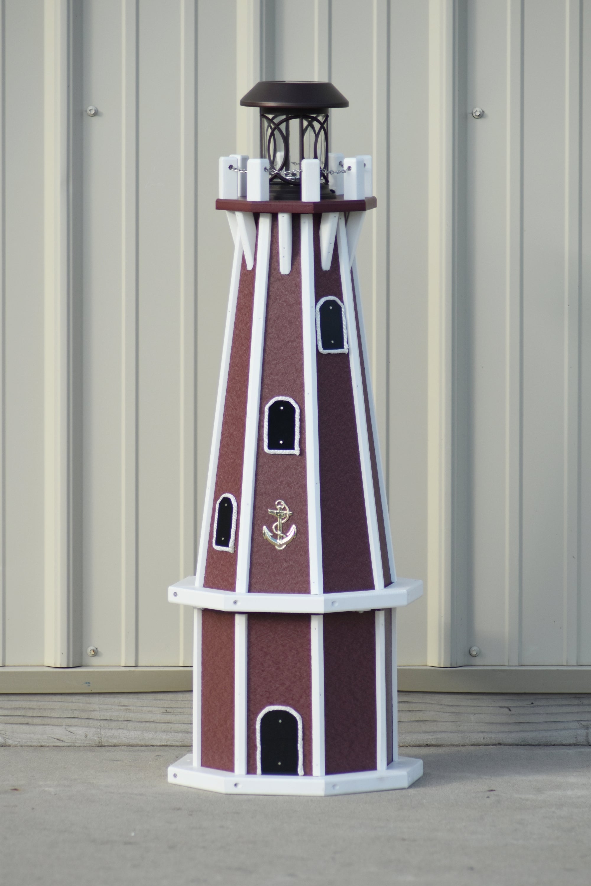 32" Octagon; Solar Powered Poly Lighthouses, Cherry/white trim