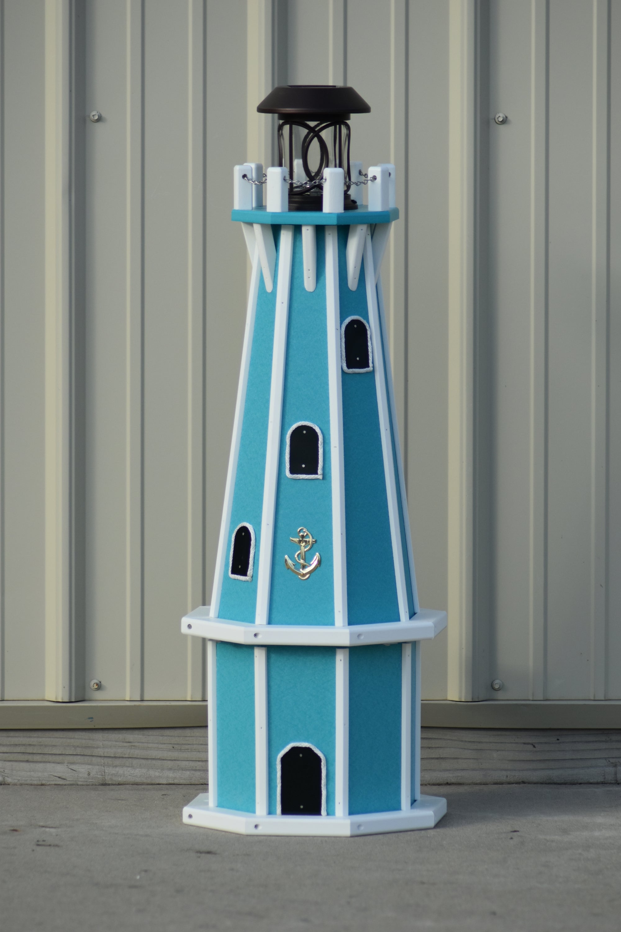 32" Octagon; Solar Powered Poly Lighthouses Aruba Blue with White Trim