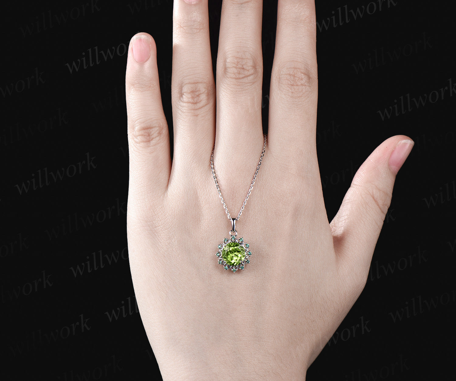 Delicate Round Cut August Birthstone Natural Peridot Engagement Necklace Minimalist May Birthstone Emerald Halo Pendant 14k White Gold Anniversary Gift