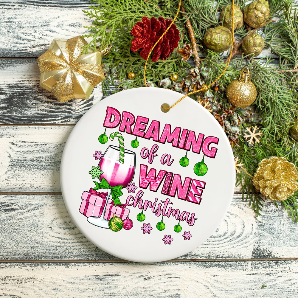 Dreaming of a Wine Christmas Ornament, Pink Ceramic Tree Decoration