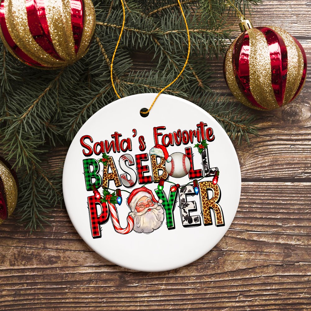 Santa's Favorite Baseball Player Plaid Christmas Theme Ornament