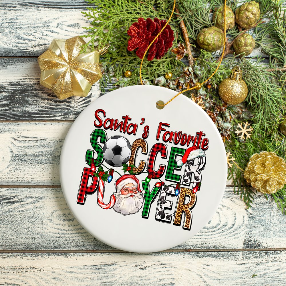 Santa’s Favorite Soccer Player Christmas Plaid Ornament, Coach Football Gift