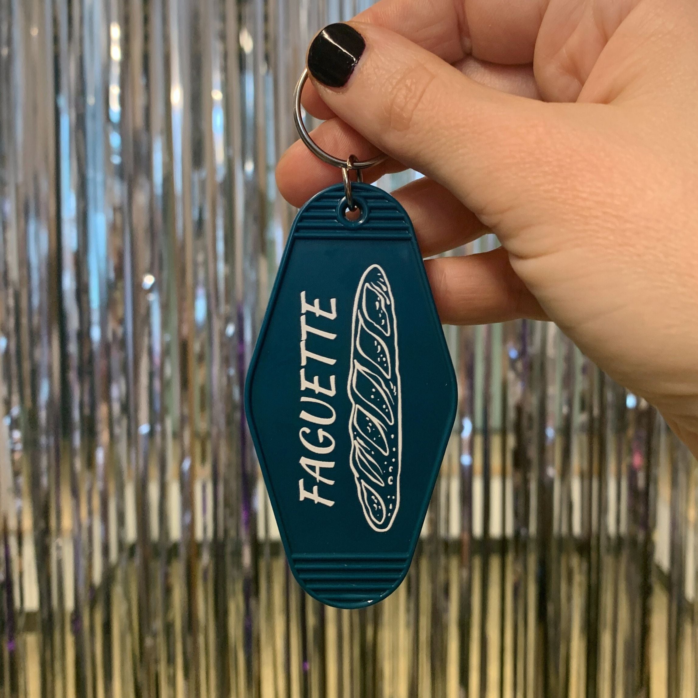 Faguette Gay Pride Motel Keychain with Baguette Bread Motif