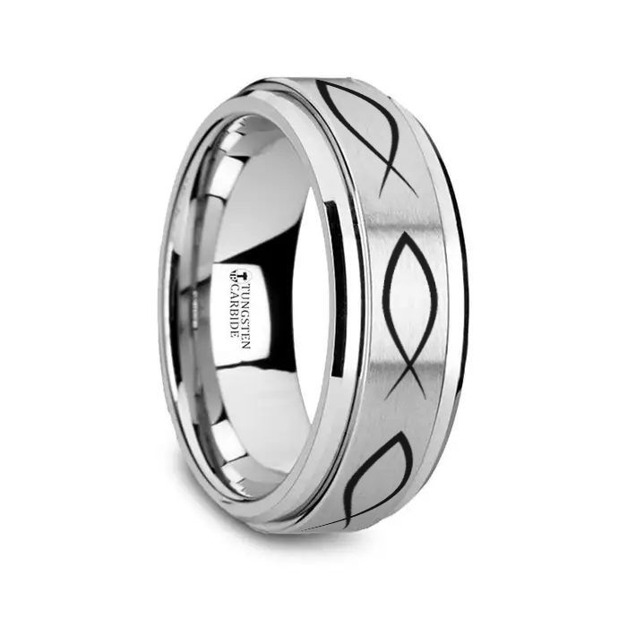 ICHTHYS Spinning Religious Fish Tungsten Carbide Spinner Wedding Band - 8mm