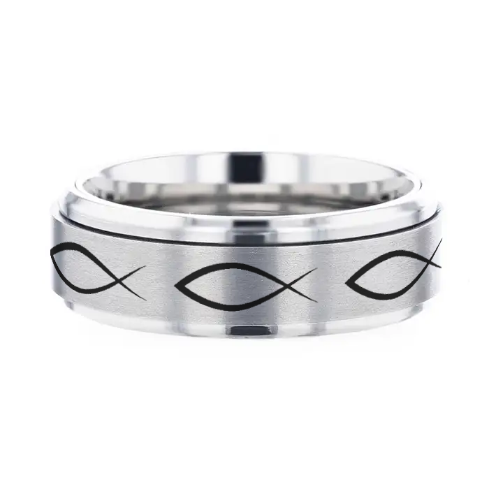 ICHTHYS Spinning Religious Fish Tungsten Carbide Spinner Wedding Band - 8mm