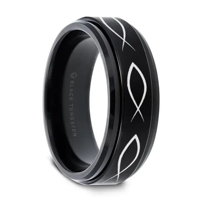 ICHTHYS Spinning Religious Fish Black Tungsten Carbide Spinner Wedding Band - 8mm