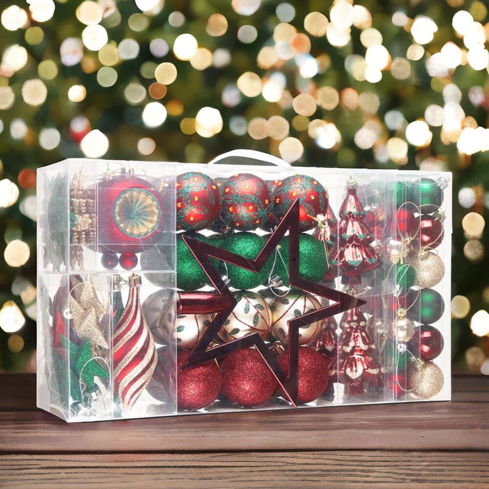 Alluring Large Christmas Ornament Set, Unique Red Green and Gold Baubles, 92 Charms and Snow Covered Trees with Dark Red Tree Topper