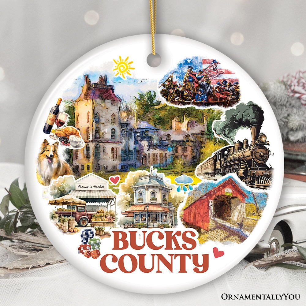 Artistic Bucks County Pennsylvania Vintage Ornament with Historical Scenery and Art, Ceramic Christmas Souvenir, New Hope and George Washington Crossing the Delaware