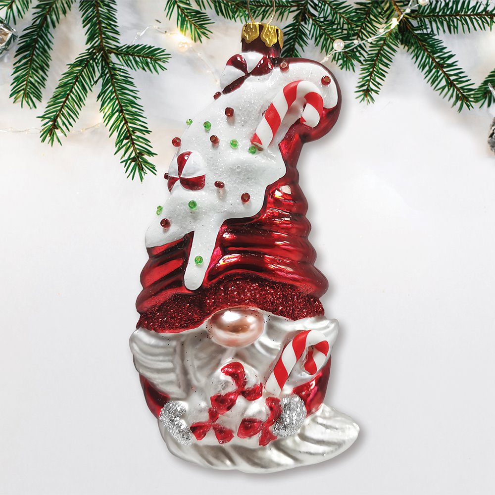 Candy Cane Gnome Glass Christmas Ornament