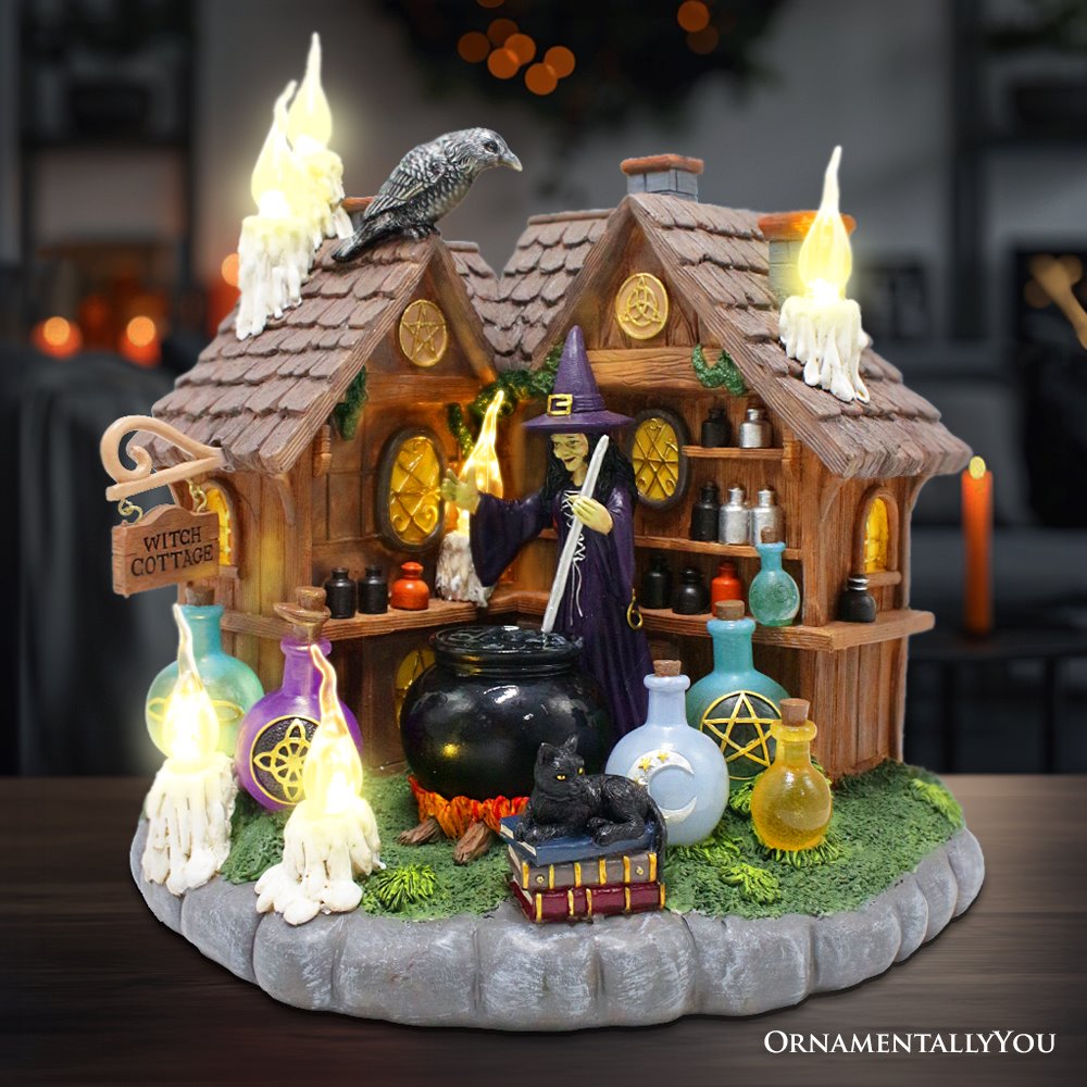 Enchanted Witch Cottage Lighted Figurine, 10" LED Halloween Decor Statue with Cauldrons and Ravens