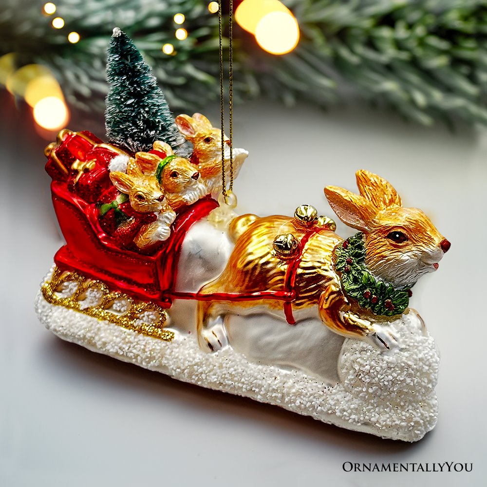 (Pre-Order) Enchanting Hare and Sleigh Glass Christmas Ornament, Elegant Hand Blown Tree Decor