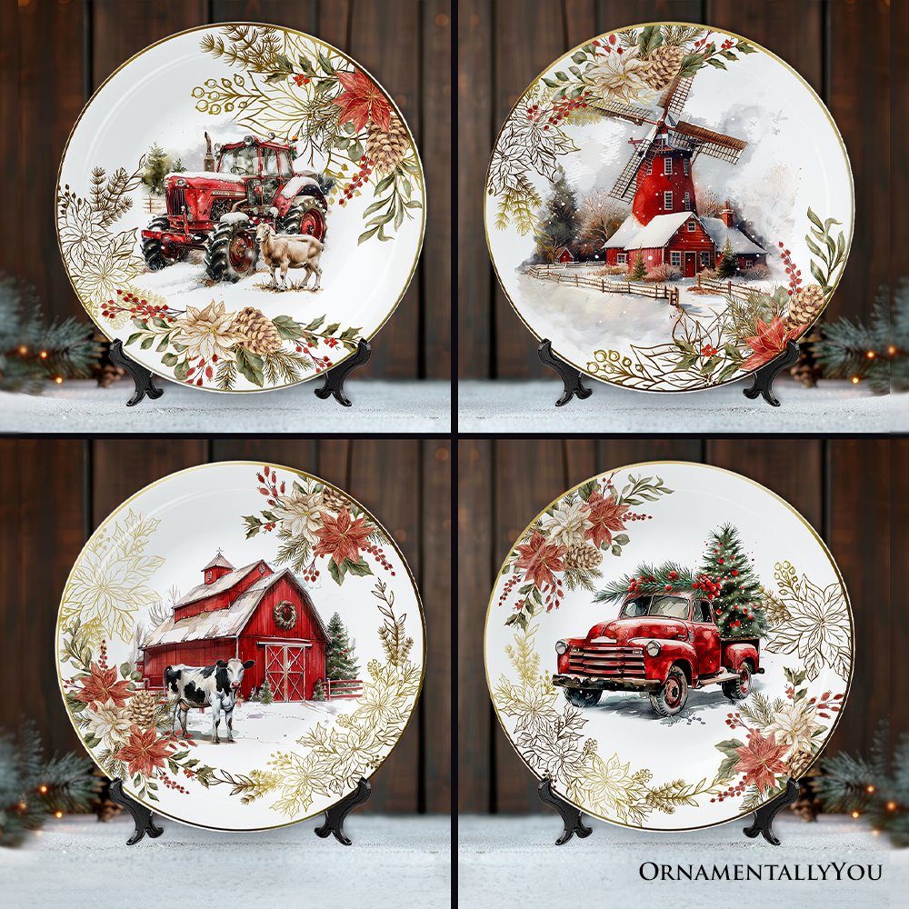 (Pre-Order) Farmhouse Christmas Set of 4 Plates with Real Gold Elements, Holiday Tableware Collection for Salad, Dessert, Appetizer, and Side Plates